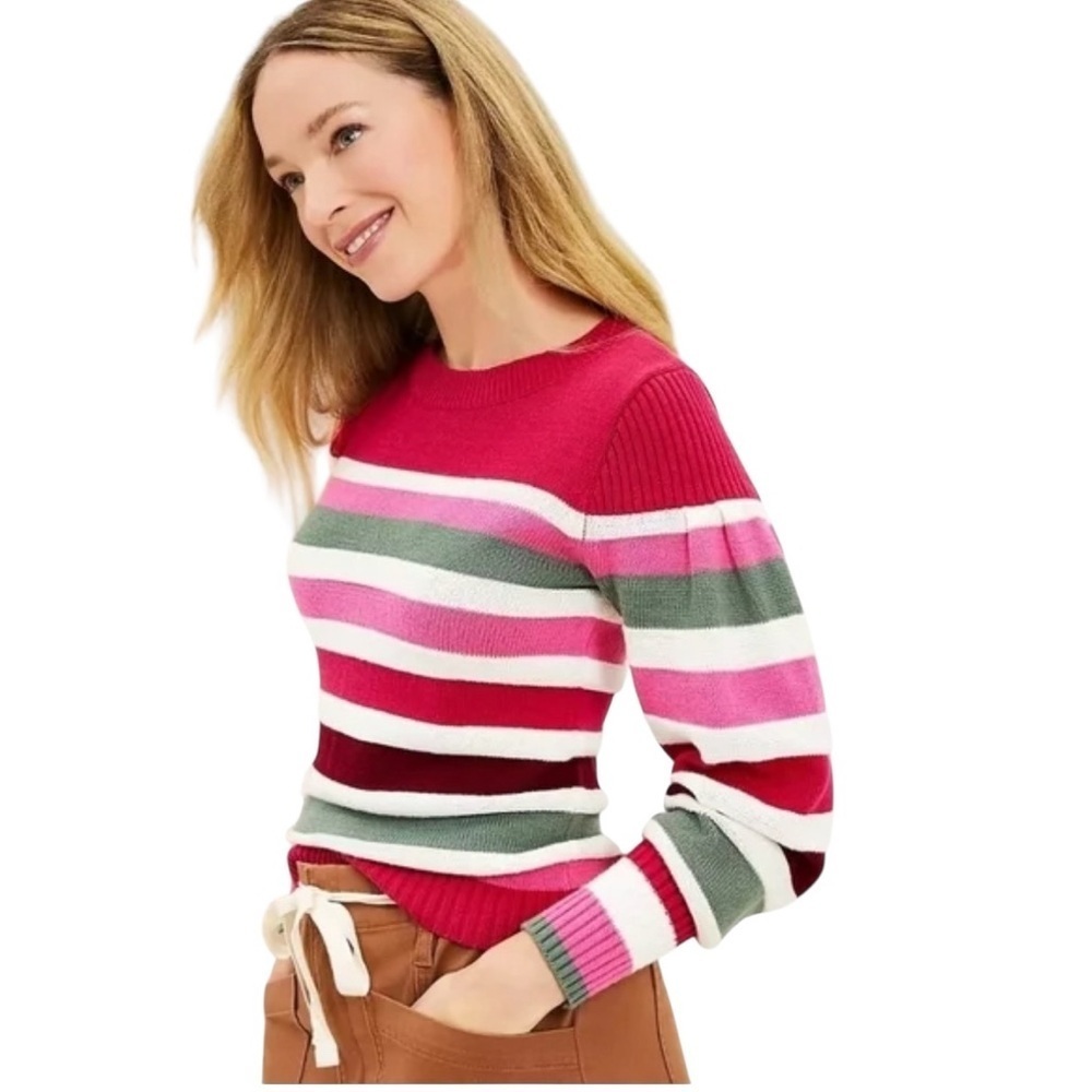 LOFT Pink and Green Striped Crew Neck Sweater Knit Honeycomb COLORBLOCK Size LP